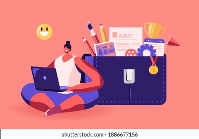 Woman Character Working on Laptop with Smiling Emoji above Head Sitting near Huge Portfolio Bag with Different Tools and Docs. Office Worker, Freelancer Has Creative Idea. Cartoon Vector Illustration