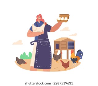 Woman Character Working On Poultry Farm Holds Eggs And Chicken In Hands. Sustainable Living Or Organic Farming