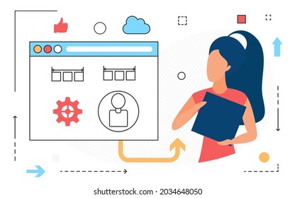 Woman character working online with business contacts, chat line icons isolated on white