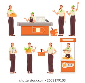 Woman Character Working in Supermarket Wear Uniform Vector Set