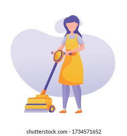 Woman characters with cleaning equipment in trendy flat design. Dressed in cleaning service uniform. Vector illustration.