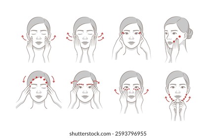 Woman character's cosmetic skin care routine. Beautiful female model massaging face, aroma meridian massage, acupressure massage