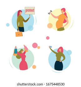 Frauenzeichen in verschiedenen Situationen Flache Cartoon Vektorillustration Illustration. Protest für Frauenrechte. Schwangere Mädchen Übung mit Dumbells. Herzlichen Glückwunsch an Person mit Einkaufstaschen. Selfie mit dem Telefon tun.