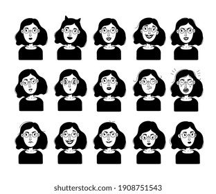 Woman characters emotion portrait set. Person portraits with facial expression. Girl Avatar. Vector illustration in flat doodle monochrome outline style