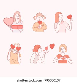 woman characters send love hearts hand drawn style vector doodle design illustrations.