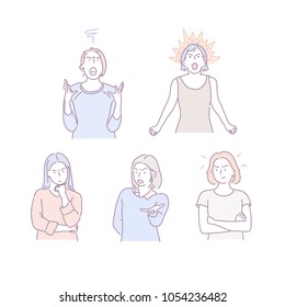 Woman characters shouting angrily. hand drawn style vector doodle design illustrations.