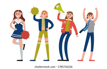 Woman Characters Sports Fan Holding Loud Speaker and Waving Hand Vector Illustration Set