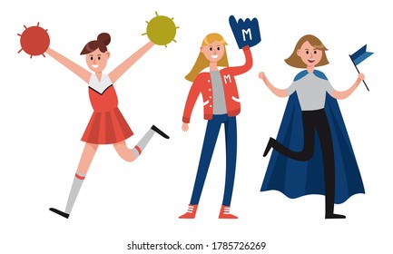 Woman Characters Sports Fan Holding Flags Vector Illustration Set