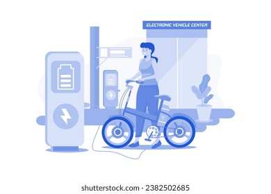 Woman Charges The Electric Bike At Electronic Vehicle Center