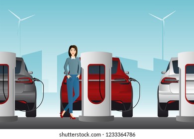 Woman charges an electric car at a charging station. Vector illustration EPS 10