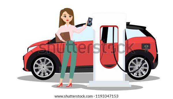Woman charges an\
electric car at a charging station for electric vehicles. Isolated\
on white background.
