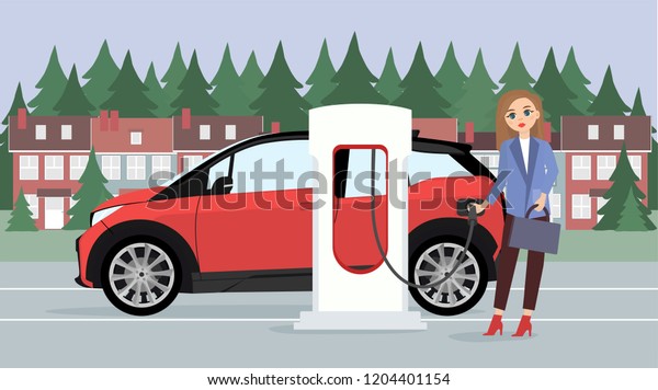 Woman charges an electric car at a charging\
station. Vector\
illustration