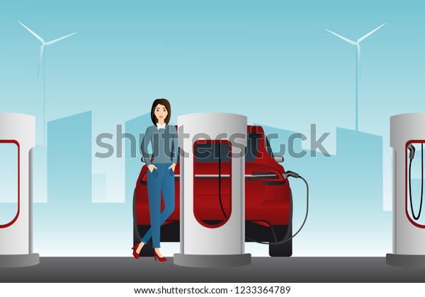 Woman charges an electric car at a charging\
station. Vector illustration EPS\
10