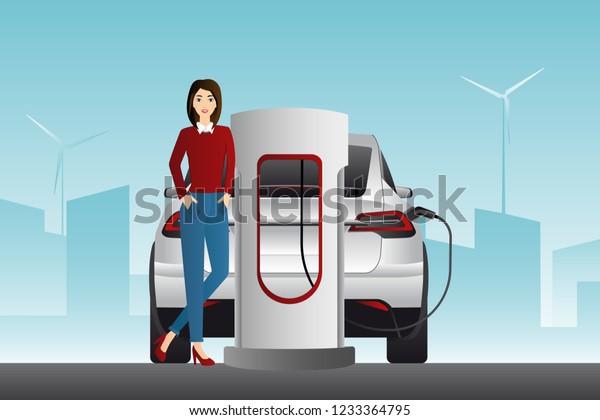 Woman charges an electric car at a charging\
station. Vector illustration EPS\
10