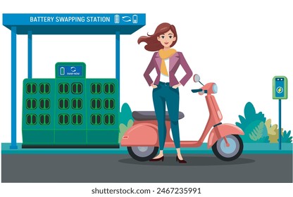 A woman charges her electric scooter at the Battery swapping station, enjoying the new EV technology