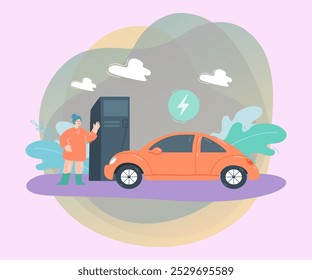 Woman charging car with electricity flat vector illustration. Electric car on charging station, getting energy from renewable generation. Power concept for banner, website design or landing web page