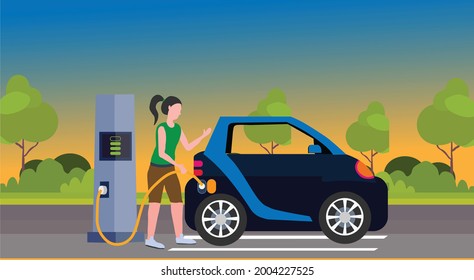 A woman is charging an electric car battery at the charger station. Eco friendly lifestyle for future. 