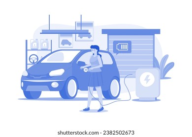 Woman Charging An Electric Car At Home