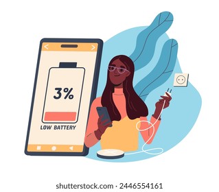 Mujer cargando concepto de teléfono. Chica joven con teléfono y cargador con batería de baja energía. Tecnologías, aparatos y dispositivos modernos. Ilustración vectorial plana de dibujos animados aislada sobre fondo blanco