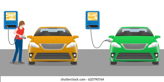 woman charging power to vehicle from wallbox charging station.
