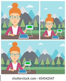 Woman charging tablet computer with solar panel on a background of mountains. Charging digital tablet from portable solar panel. Vector flat design illustration. Square, horizontal, vertical layouts.