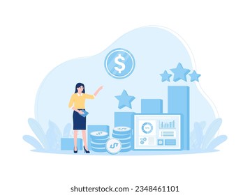a woman with a chart and a pile of coins trending concept flat illustration