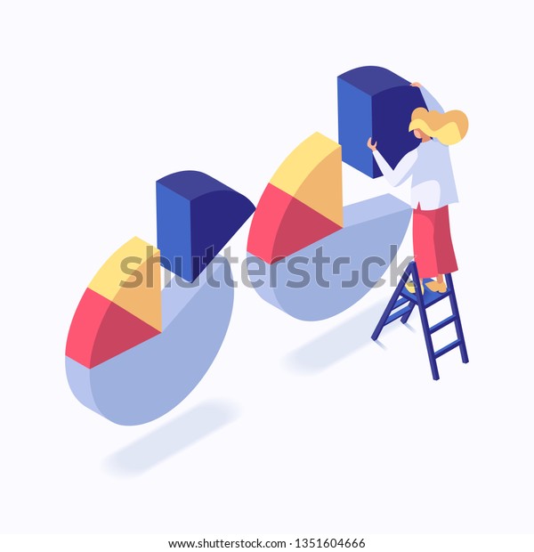 Woman with charts isometric vector\
illustration isolated on white\
background