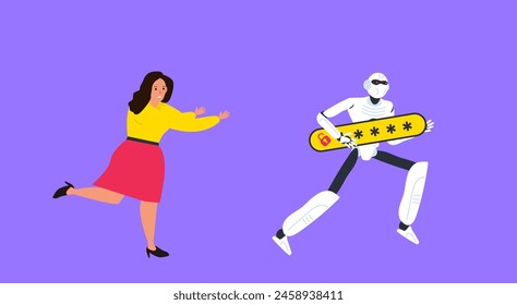 woman chases a robot hacker thief stealing password cyber security problem vector illustration