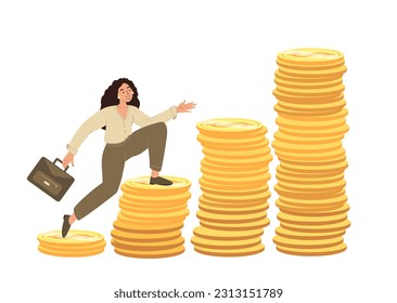 Woman chasing for big money.Salary,income growth,promotion at work.Employee growing from low to high financial level,becoming rich.People and money.Flat vector illustration isolated , white background