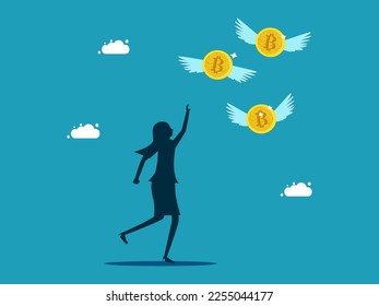 woman chasing flying digital coins. Loss of property or money. business and finance concept vector