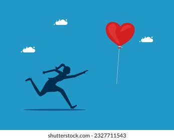woman chasing heart balloons. love and satisfaction vector