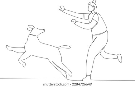 A woman chasing her running dog. Walking or playing with dog one-line drawing