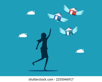 Woman chasing a house that can fly. Lose home or property. business concept 