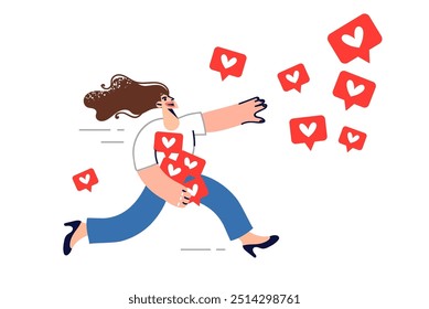 Woman is chasing likes from social networks, wanting to be popular blogger and influencer. Likes as metaphors are problem of dependence on public opinion and praise that causes euphoria.