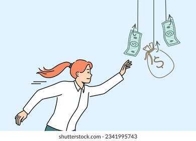 Woman is chasing money hanging on hook, wanting easy money and risking falling into trap. Concept of economic scam and promise of easy profit to involve people in financial pyramid