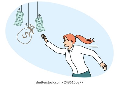 Woman is chasing money hanging on hook, wanting easy money and risking falling into trap. Concept of economic scam and promise of easy profit to involve people in financial pyramid