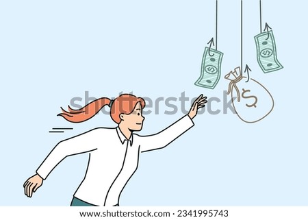 Woman is chasing money hanging on hook, wanting easy money and risking falling into trap. Concept of economic scam and promise of easy profit to involve people in financial pyramid