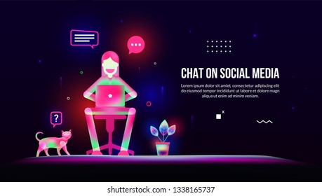Woman chat on computer in fantasy light style