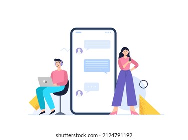 A woman chat with to a personal assistant service. Live chat operators. Customer support department staff, telemarketing agents. Online global technical support 24 7 concept. Vector flat illustration.