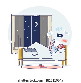 Woman chat in social media using smart phone lying in bed at night before sleeping. Addict young girl messaging and surfing web with smartphone in bedroom. Linear vector illustration