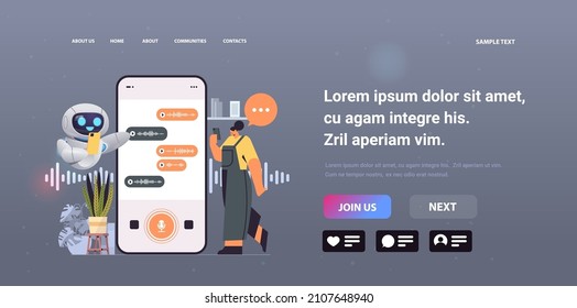 woman with chatbot recording or listening voice messages on smartphone screen audio record sending online communication