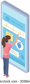 Woman chatting with cardiologist in messenger, medical application. Female character with sick heart talks to medical specialist. Communication with doctor, online diagnosis of heart disease symptoms
