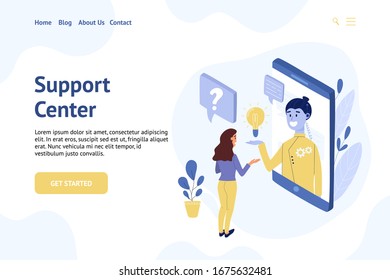 Woman chatting with a chatbot flat design concept. Website header template. Support center, online assistant, customer service vector illustration