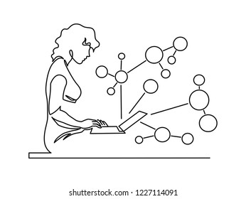 Woman chatting continuous one line vector drawing. Networking. Hand drawn young girl using laptop, surfing internet. SMM. Social media. Blogging, content sharing. Minimalistic contour illustration