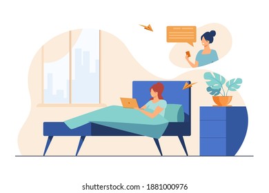 Woman chatting with female friend online at home. Lying in bed, using laptop, day flat vector illustration. Communication, distance work concept for banner, website design or landing web page