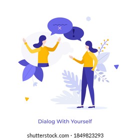 Woman chatting with herself or his twin. Concept of dialog or conversation with yourself, inner voice or speech, self talk, internal discourse. Modern flat colorful vector illustration for banner.