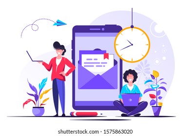 Woman chatting with man near huge phone. Message in smartphone. Vector illustration for web banner, print, infographics, mobile website. Landing page template. Dating app and virtual relationship. 