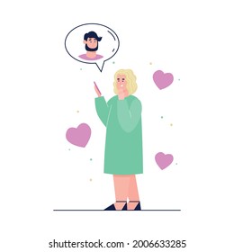 Woman chatting with man using virtual dating mobile application on her phone, cartoon vector illustration isolated on white background. Online dating chat.