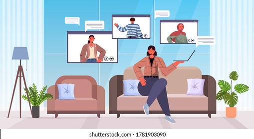 woman chatting with mix race friends during video call people having online conference meeting communication concept living room interior horizontal full length vector illustration