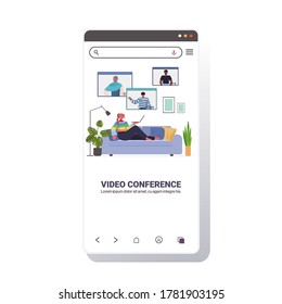 woman chatting with mix race friends during video call people having online conference meeting communication concept living room interior smartphone screen vector illustration